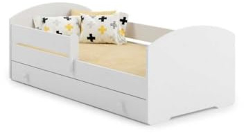 KOBI Cama Niño LUK Blanco 180x80 | Una cama para una habitación infantil y adolescente | Cajón, barrera de seguridad y colchón Incluido |