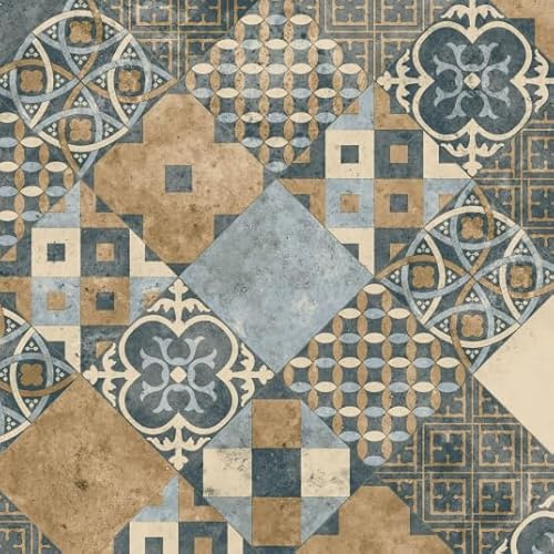 Sol PVC Best - Carreaux Art Déco - Terre de Sienne et Bleu Gris - Rouleau de 2m x 3.00m