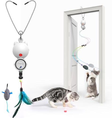 FEELNEEDY Katzenspielzeug Elektrisch mit LED Red Light Spielzeug für Katzen, Cat Toy Hängendes Automatisch Einziehbares Interaktives Spielzeug Teaser Selbstspiel Federspielzeug (Weiß)