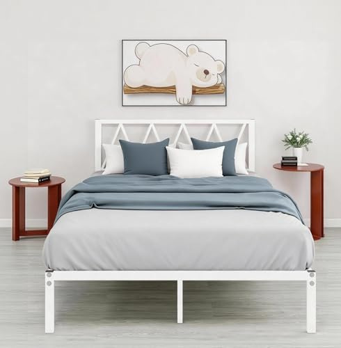 MOFLUT Double Bed Frame with Storage,Platform Metal Bed Frame White Double Bed with Design Headboard, Under-bed Storage, No Box Spring Needed, White Full