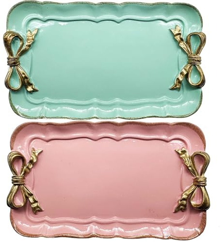Cayway 2 bandejas de resina vintage, bandeja decorativa vintage, plato de resina con nudo de lazo para bandeja de toalla, bandejas de frutas, anillos, pulsera, soporte para pendientes, verde y rosa