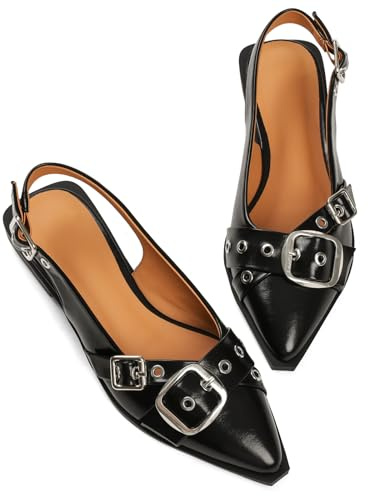 Kalstage Women's Slingback Flats Closed Pointed Toe Flat Low Heel Dress Shoes Buckle Patent Leather Ballet Flats for Women Comfortable Work Black