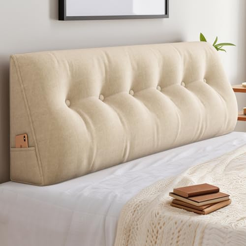 ShowyLive Cojín de Respaldo, Cojín de Lectura Triangular Simple para Cama o Sofá, Almohada de Lectura, Respaldo de Cama con Bolsillo Lateral, Funda Extraíble y Lavable (150 x 50 x 20 cm, Beige)