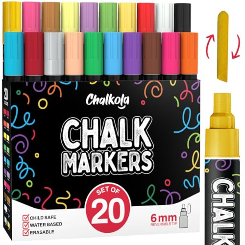 Chalkola 20 Liquid Chalk Markers for Blackboard (6mm Reversible Tip - Neon, Pastel, Metallic Dry Erase Marker) | Washable Chalk Pens for Chalkboards, Window, Car, Glass - Erasable Chalkboard Markers