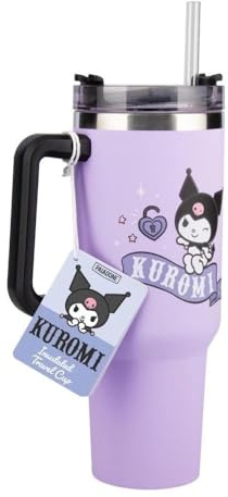 Paladone Kuromi 900 ml lila isolerad kopp och sugrör, officiellt licensierad Sanrio Hello Kitty & Friends dricksflaska med handtag för vatten, iste, kaffe, söt popkultur samlarobjekt för fans