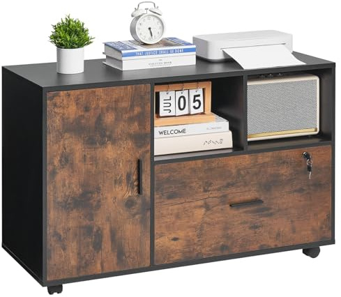 VEVOR Classeur Dossier Mobile en Bois, Meuble de Rangement de Bureau avec Étagères Ouvertes et Tiroir Verrouillable, Support d'Imprimante Autonome, pour Maison, Bureau, École, Marron Rustique