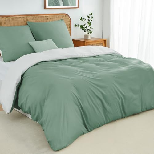 Duvetnova Bettwäsche 155x220 2teilig Salbeigrün/Weiß Bettwäsche-Sets Microfaser ÖKO-TEX Wendebettwäsche 155 x 220, weich & bügelfrei 1 Bettbezug 155x220 + 1 Kissenbezug 80x80cm mit Reißverschluss