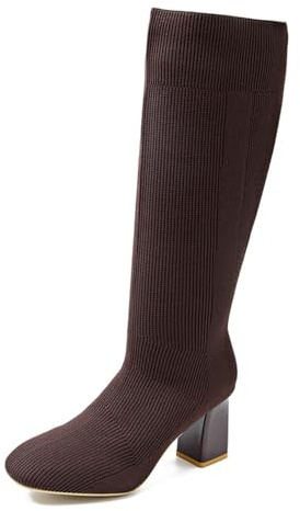 Stivali da donna alla moda elastici lavorati a maglia al ginocchio Comfort Square Toe Block tacco alto pompe pull on scarpe invernali, Caff, 39.5 EU