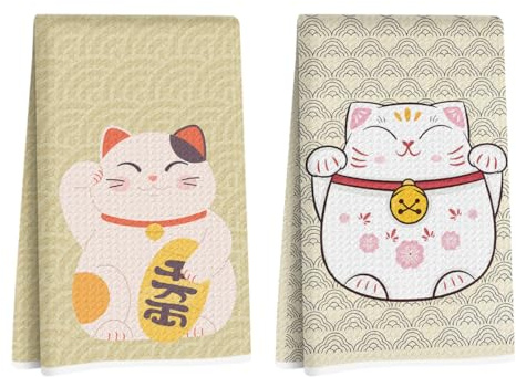 2 Pcs Japanese Lucky Cat Kitchen Towels 24x14 Inch, Maneki Neko Gifts Reusable Dish Towels for Kitchen Bathroom Decor, Waffle Weave Hand Cloth Tea Towel, Cute Cat Gifts for Women Mom Friend