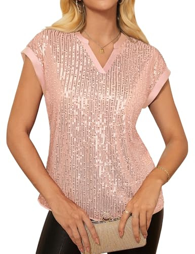GRACE KARIN Femme Haut de Soirée Paillettes Manches Courtes Col Rond Maille Transparente Doublé Extensible
