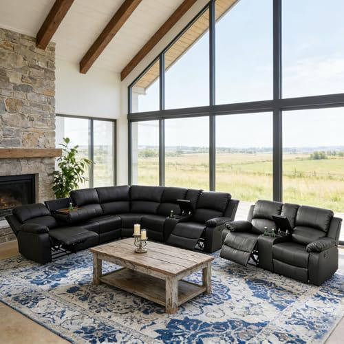 Manual Reclining Sectional Sofa Set, Living Room Furniture Sets, 6 Seats Leather Recliner Corner Sectional Couch with Cup Holders, Storage Console with Loveseat for Office/Home Theater (Black)