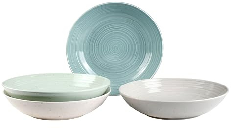 Sango Siterra Artist's Blend Stoneware Pasta Bowls (Set of 4) Multi Assorted Colors– Featuring Soft Gray, Blue, Green, and Ivory, for Everyday Dining & Entertainment, Microwave & Dishwasher Safe