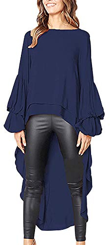 Ruffle Chiffon Blouses for Women Plus Size Long Ruffled Shirts for Womens Longline Long Sleeved Shirt Oversized Casual Workout Shirts for Women Blouse Going Out Tops Ladies Loose Elegant Blue XL
