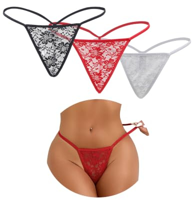 ohmydear Womens Floral Lace Thongs Pack of 3 Sexy Micro G String Knickers | Breathable Sheer Mesh No Vpl Knickers for Women, Low Rise T-Back Seamless Panties for Boudoir, or Invisible Daily Wear