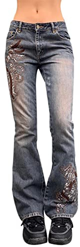 HOXIJIA Women High Waisted Wide Leg Denim Pants Y2K Patterned Baggy Flared Hem Jeans Stretch Bell Bottom Trousers (Blue-E, M)