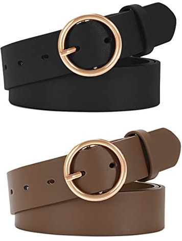 WERFORU 2 Stücke Frauen Ledergürtel für Jeans Hosen Mode Damen Leder Gürtel mit Gold O-Ring Schnalle Schwarz/Kaffee