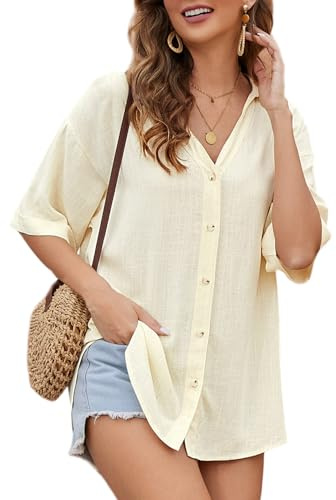 Niwicee Blusa de Mujer Camisa Lino Verano Cuello en V Camiseta Elegante Camiseta de Manga Corta Top Casual de Trabajo con Botones(Amarillo,XL)