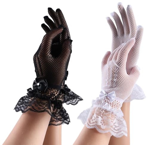 Teegxddy 2 Paires Gants en Dentelle Élégants - Mitaines Femme Courts Avec Strass et Noeud - Accessoires De Mariage, Thé et Fête