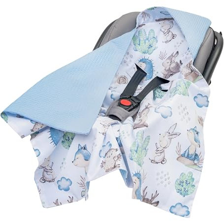 Medi Partners Einschlagdecke Baby Babyschale 100% Baumwolle für Sommer 85x85cm Kinderwagen Kuscheldecke universal Baby Decke Einschlagdecken Babydecke Buggy Autositz (REH und Igel mit blau Waffel)