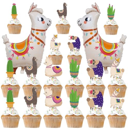 PLNVNVP 26 Pièces Decoration Gateau Alpaga, Garnitures de Cupcake Alpaga, Lama Ballons, Alpaga Aluminium Ballon, Lama et Cactus Cake Topper Anniversaire pour Enfant