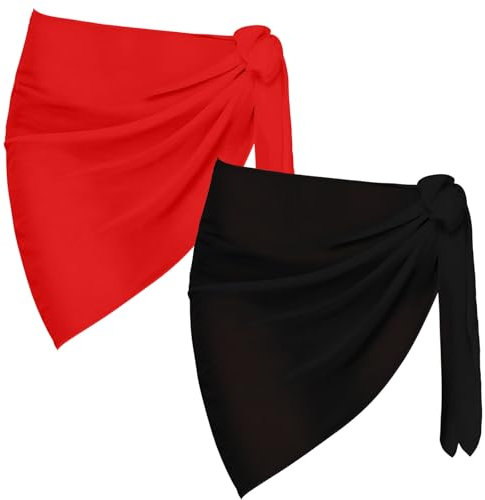 2 Stück Sarong Coverups für Frauen Badeanzug Wrap Badeanzug Rock Bikini Bademode Chiffon Cover Up Strand (DE/NL/SE/PL, Alphanumerisch, Einheitsgröße, Regular, Regular, Schwarz+Rot)