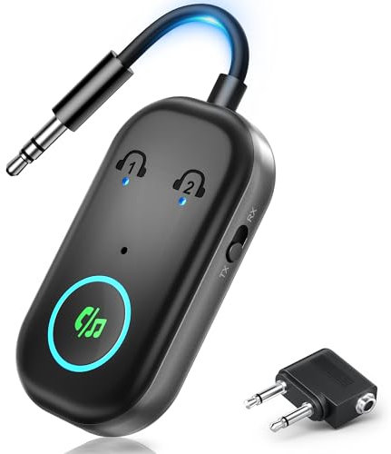 2025 New Bluetooth 5.3 Transmitter Receiver, 2-in-1 Airplane Bluetooth Adapter Compatible with 2 AirPods or Wireless Headphones, 3.5mm AUX Jack Wireless Audio Transmitterfor TV, Home Stereo, Car