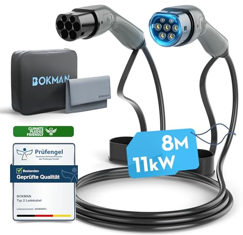 bokman EV Cable de Carga Tipo 2, 11kW / 16A / Trifásico / 8 Metros/Modo 3, Cable de Carga Rápida Híbrido Enchufable para Vehículo Eléctrico Tipo 2 a Tipo 2