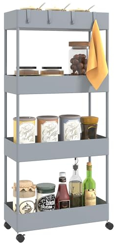 HOMCOM Carro de Cocina de Almacenamiento Delgado de 4 Niveles Carrito Auxiliar con Ruedas 4 Cestas y 4 Ganchos Extraíbles Carrito de Cocina para Comedor Baño Salón 40x19x90 cm Gris