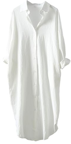 amropi Femme Bouton Chemisier Robe Manches Longues Chemise Col V Fente Latérale Décontracté Blouses avec Ceinture Blanc, XXL