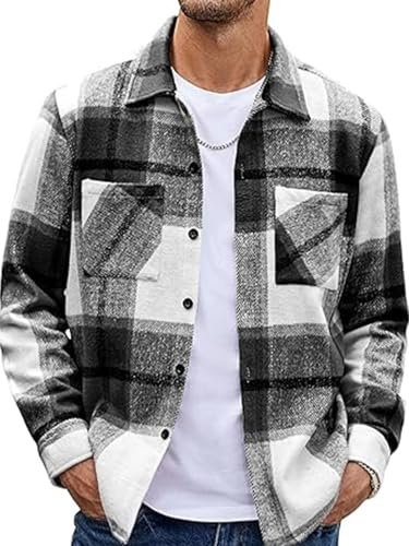 EUDOLAH Camisa de Franela Hombre a Cuadros Overshirt Manga Larga Estilo Leñador Cuello Abotonado y Ajuste Regular Fit Estilo Casual Vintage(XL,Negro)
