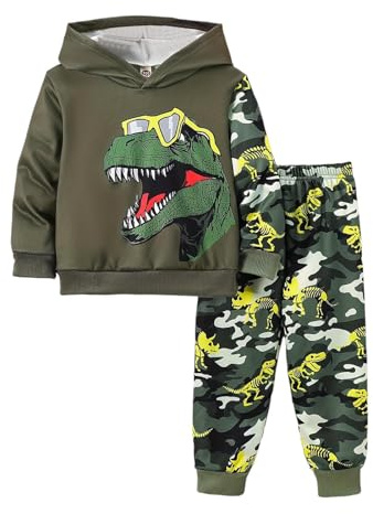 Survêtement pour enfant - Survêtement de sport à manches longues - Avec imprimé dinosaure - Pull d'hiver en polaire avec pantalon - Tenue pour tout-petits et adolescents, vert, 5-6 ans