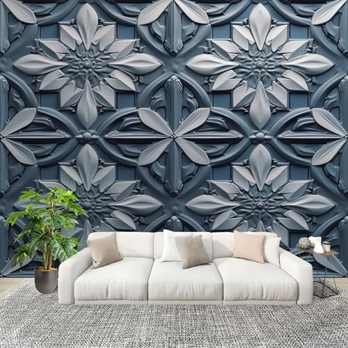 Dra av och klistra fast HD-dekorationstapet retrogeometriskblommig antifouling inomhus lätt att dra av väggmålning klistermärken 250 x 175 cm blå och vit för vardagsrum sovrum barnrum fototapet