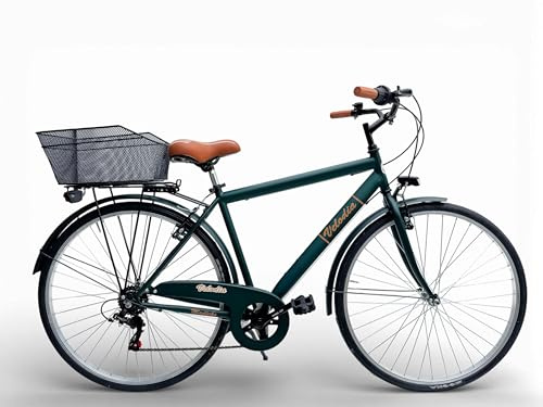 Bicicletta Uomo 28 Passeggio Verde Vintage Velodia Bici da Città con Cambio Shimano · Comoda e Robusta · Perfetta per Spostamenti Quotidiani e Tempo Libero · Stile Retrò (Cestino Posteriore in Ferro)
