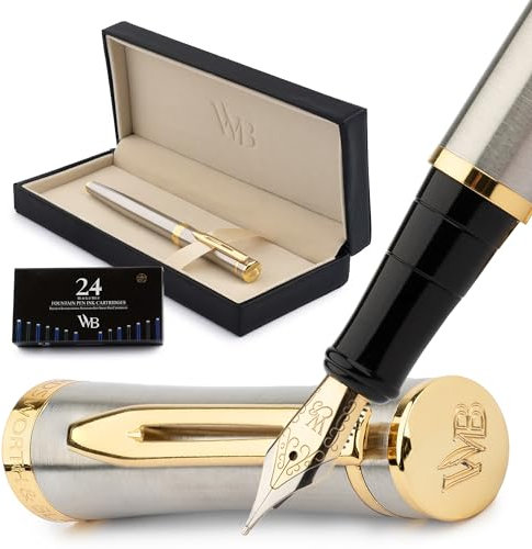 Wordsworth & Black Luxury Fountain Pen Set for Writing, Medium Nib, Silver
