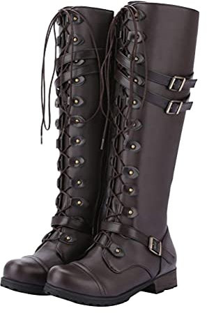 ORANDESIGNE Stivali Alti Donna Invernali Stivali con Tacco PU Boots con Zip e Lacci B Marrone 36 EU