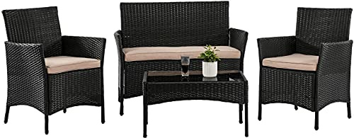Outdoor Patio Furniture Sets 4 Pieces Patio Set Rattan Chair Wicker Sofa Conversation Set Patio Chair for Backyard Lawn Porch Poolside Balcony Garden Furniture Sets with Coffee Table (Black)
