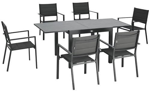 Outsunny Conjunto Muebles de Jardín 7 Piezas de Aluminio Juego de Comedor Exterior con Mesa Extensible y 6 Sillas Apilables y Asiento de Texteline 90-180x89x74 cm Gris