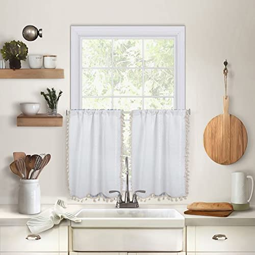 ColorBird Boho Kitchen Cafe Curtains Window Valances Boho Short Curtains & Drapes 36 Inch Length 2 Panels White Light Filtering Embroidered Striped for RV Camper Laundry Room