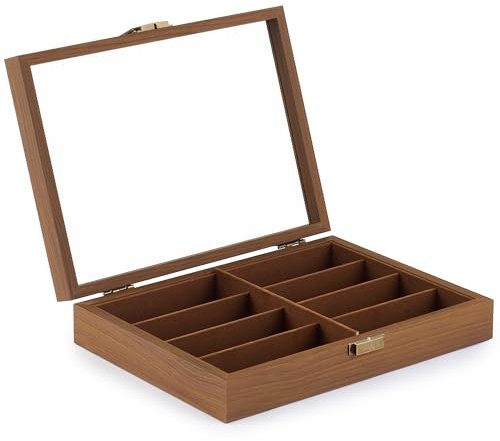 CO-Z 8 Compartment Sunglasses Organizer, Wood Eyeglasses Storage Box for Women Men, Lockable Eyewear Display Case with 8 Slots, Glasses Holder for Watches Jewelry Collection, Walnut