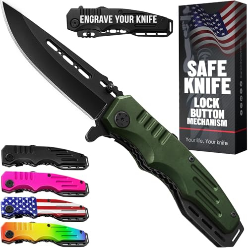 Spring Assisted Knife - Army Green Pocket Knives with Safety Lock - 3.42” Folding Blade with Aluminum Handle for Tactical Camping Survival and Outdoor - Birthday Gifts Idea for Men and Women 6681 A