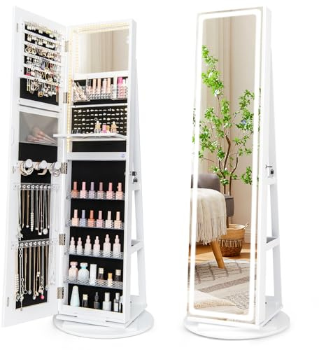 RELAX4LIFE Armoire à Bijoux Pivotante à 360º avec Miroir LED, Miroir Bijoux sur Pied avec Rangement Verrouillable, Éclairage LED 3 Couleurs, Tablette Pliable, pour Dressing Chambre (Blanc)