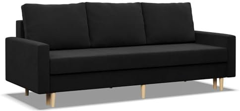 Mebligo - Sofa Mit Schlaffunktion und Bettkasten Blank, 3 Sitzer 212 cm Breit, Schlafsofa Mit Bonellfederkern im Sitz, Ausziehbares Couch auf Holzfüßen, Wohnzimmer - Schwarz