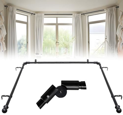Bay Window Curtain Poles, Curved Curtain Pole for Windows 76 to 460 cm 2 Elbows Included, 25 mm Diameter Heavy-Duty Black Curtain Rod 3 Sided for Bedroom, Living Room Curtain Rods for Corner Windows