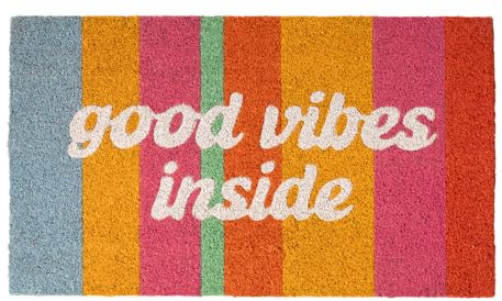 Fisura - “Good vibes inside” entrance doormat made of coconut with PVC non-slip backing. Original dirt trapper door mats, multicolor - hand painted door mat. Measures : 70 cm x 40 cm