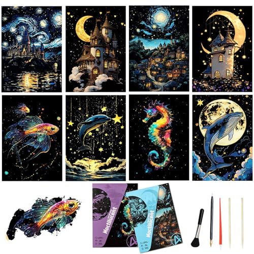 8 Sheets Scratch Art Adult Noctilucent Rainbow Scratch Paper Notebook Paint By Scratch Kit for Arts and Crafts Gift with Scratch Art Tools （Starry Night）