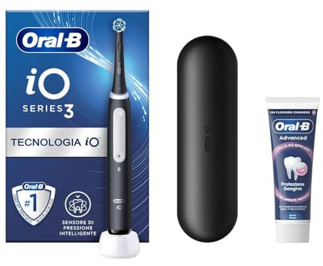 Oral-B Spazzolino Elettrico Ricaricabile iO 3 Nero, 1 Spazzolino Elettrico, 1 Testina Di Ricambio, Custodia Da Viaggio + Dentifricio Oral-B Advanced Protezione Gengive, Pulizia Denti Efficace
