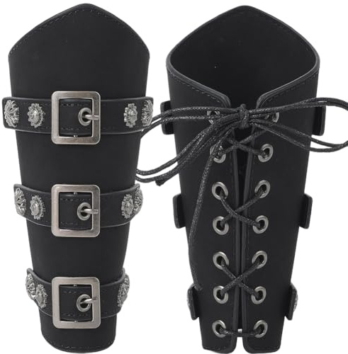 GORGECRAFT 2PCS Archery Hand Bracers Leather Arm Guards Black PU Leather Gauntlet Wristband Renaissance Warrior Medieval Viking Adjustable Buckle Arm Armor Cuff for Halloween Adult Cosplay Costumes