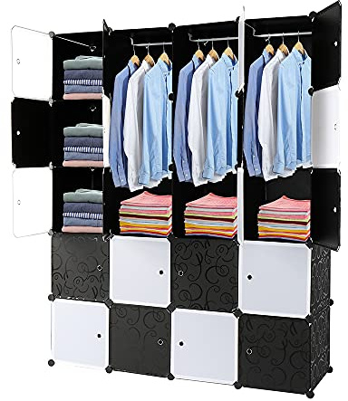 Bonnlo Armario Modular Cubos, Estantería Modula, 20 Cubos de Armario de Plástico, Diseño DIY con Barra para Colgar, 142 x 47 x 178 cm, Estructuras de Cubo con Puerta, Fácil Montaje, Negro y Blanco