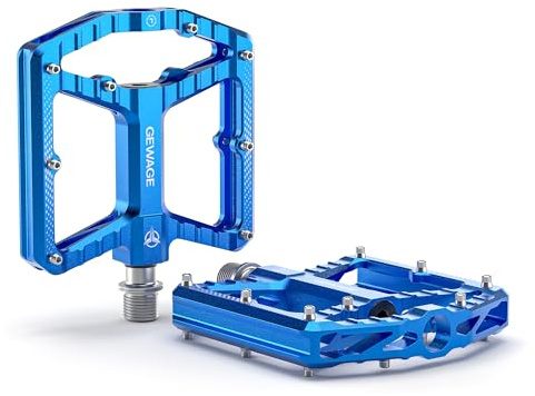 GEWAGE Pédales VTT – Aluminium usiné CNC, Grande Surface, 16 Picots antidérapants remplaçables, roulement à Aiguilles + roulement à Billes 638, sablé & anodisé, idéal pour VTT & Gravel (Bleu)