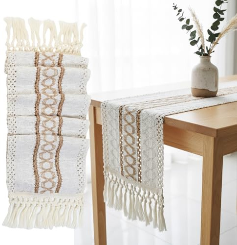 Camino de Mesa Boho Beige, Centro de Mesa Comedor con Borlas, Lavable para Sala de Estar, Boda, Hogar, Fiesta, Decoración de Jardín, 30 x 180 cm